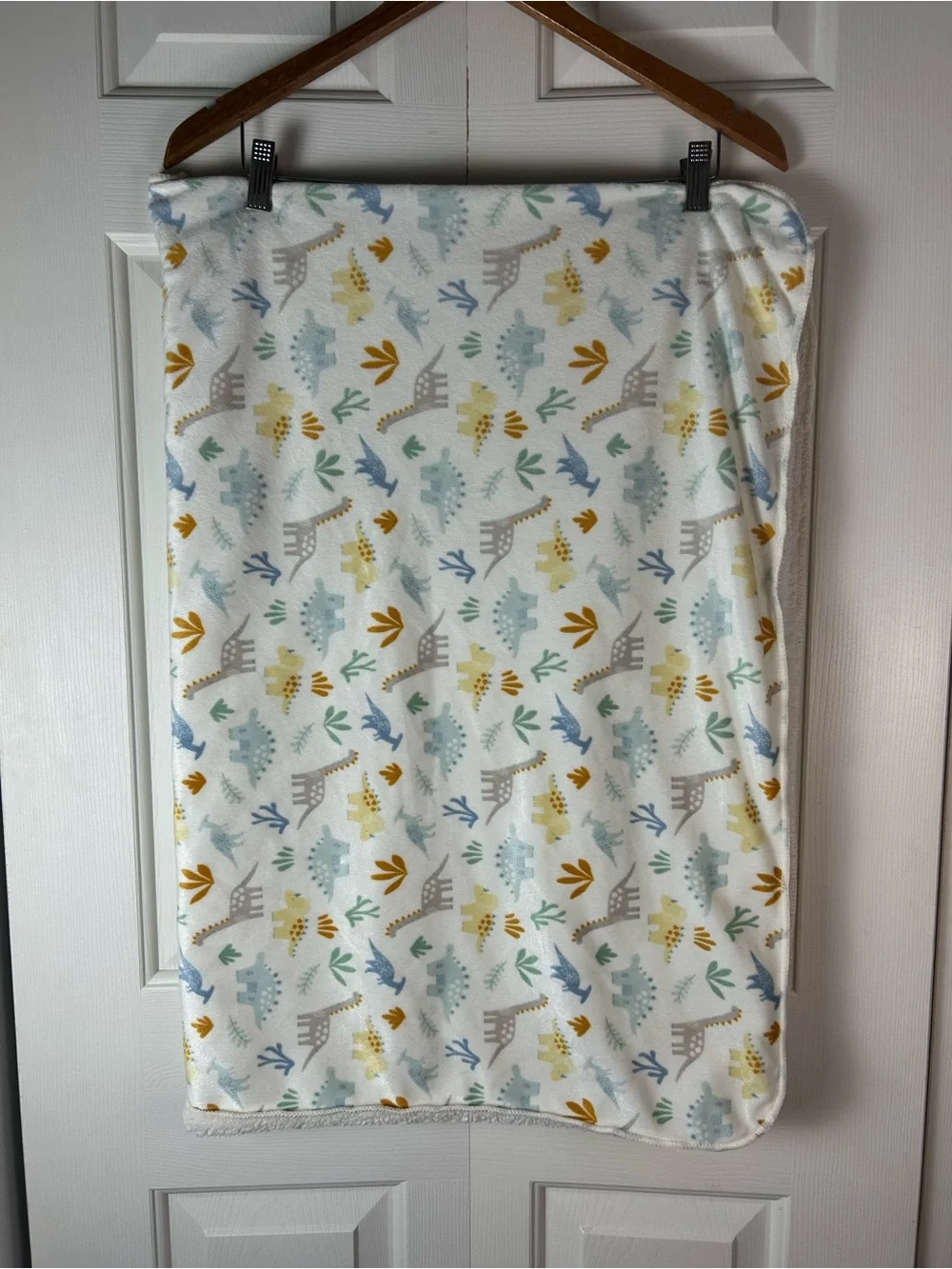 Kyle & Deena Dinosaur Baby Blanket Yellow White Blue Green Orange Sherpa Leaves